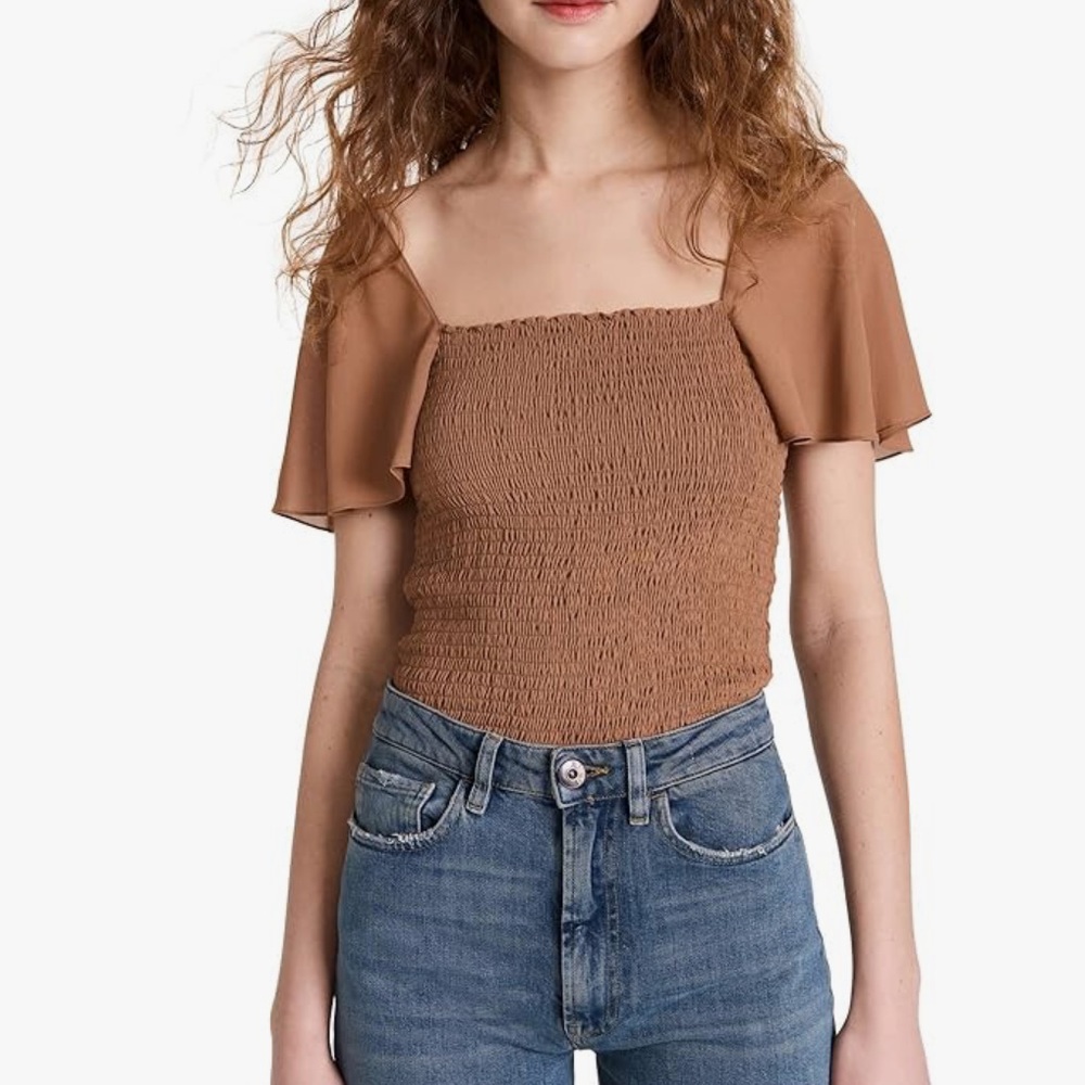 THEORY Flutter Sleeve Smocked Square Neck Top small